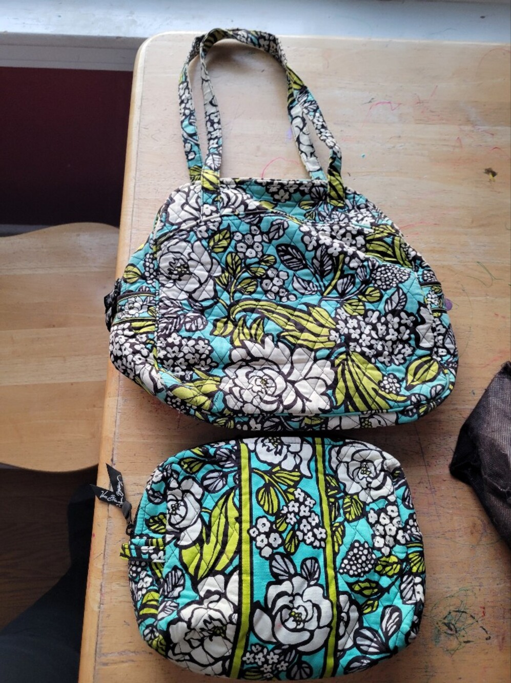 Vera Bradley Purse And Makeup Bag, Green And White
